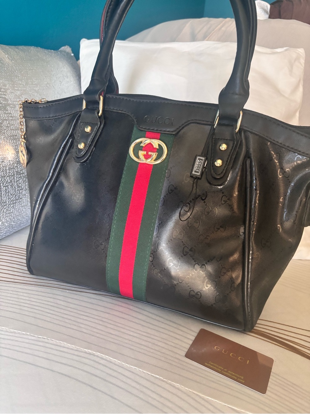 InspiredGucci Black Leather Tote with Green and Red Web Stripe and Gold Hardware
